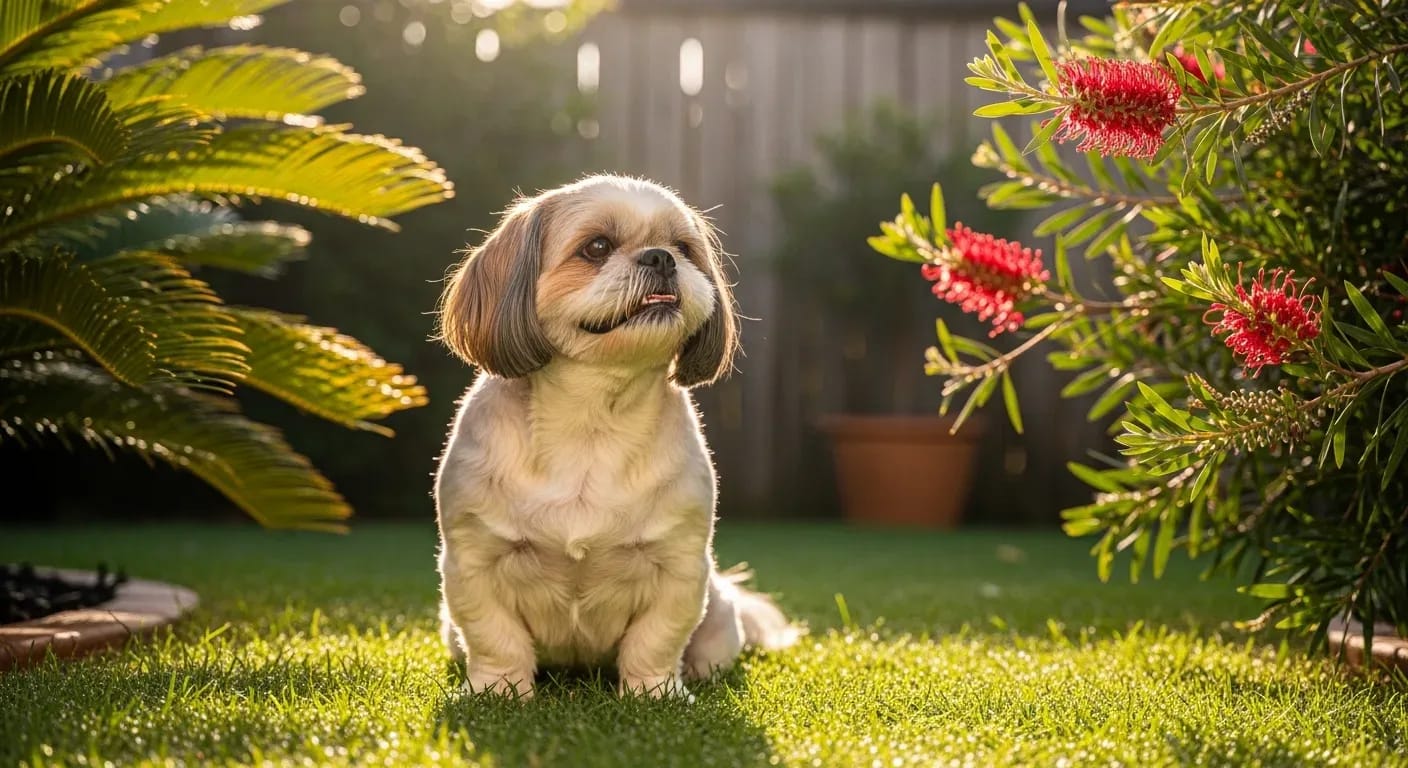 Happy Shih Tzu dog sitting in a sunny Australian backyard garden, showing the breed long silky coat and healthy alert expression