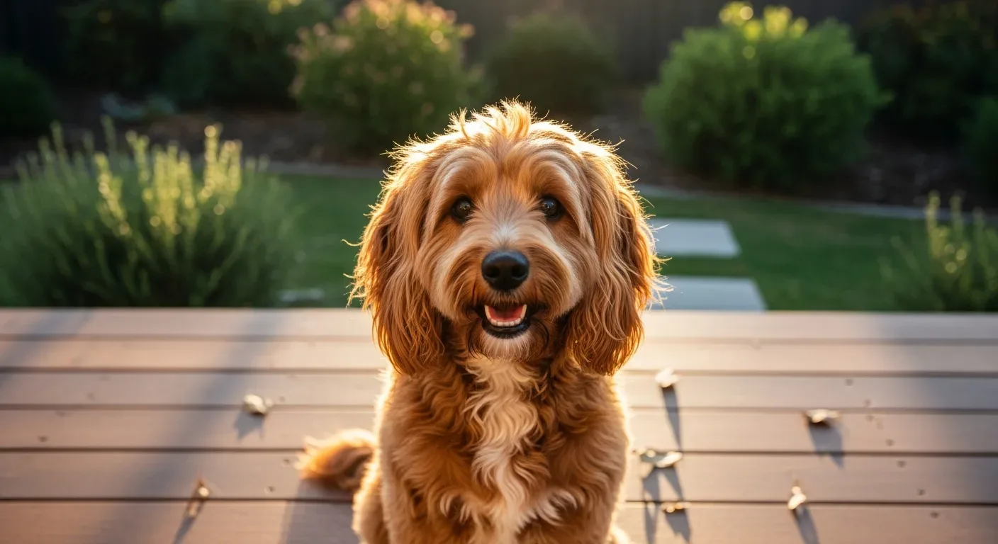 Spoodle with wavy golden-brown coat sitting on a sunny Australian backyard deck, calming supplement routine for Spoodles