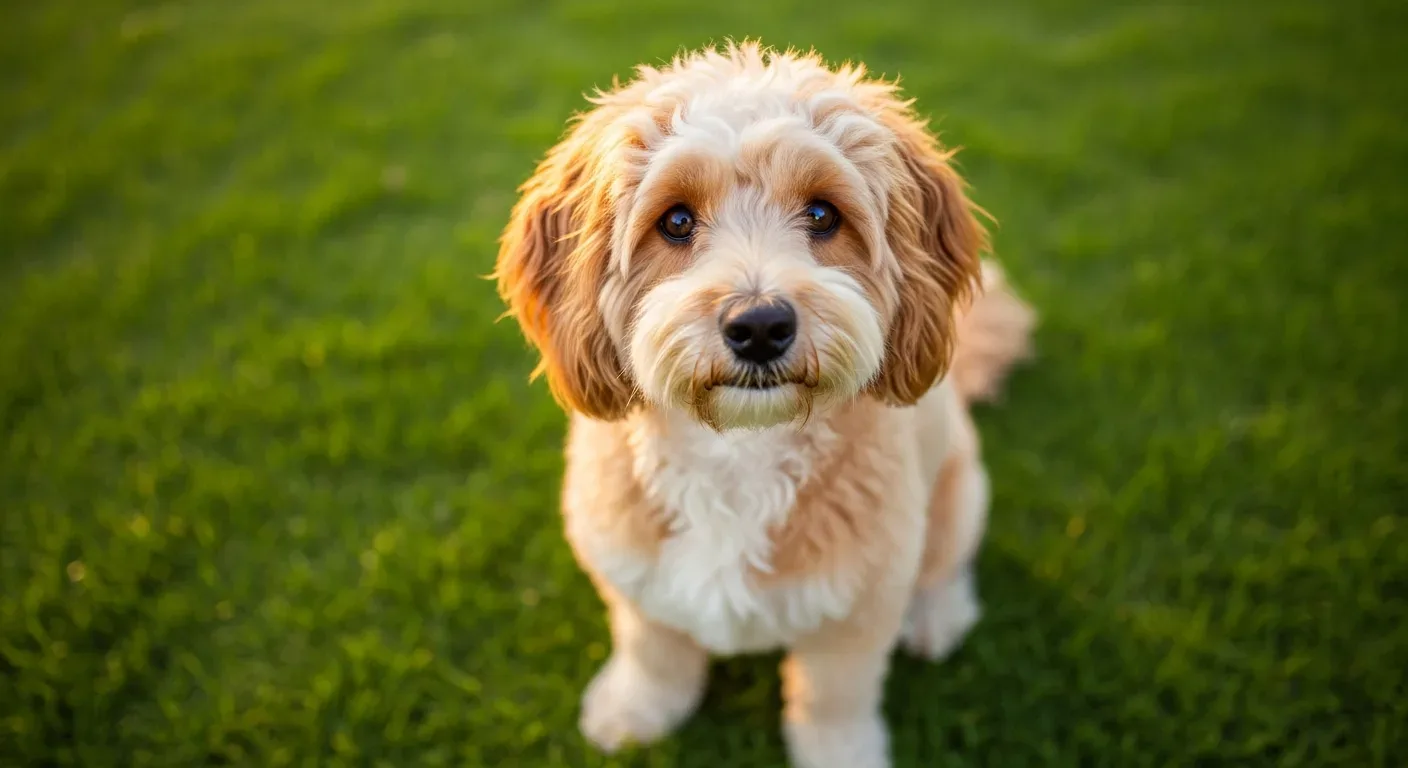 Spoodle dog sitting on sunny Australian backyard lawn, healthy and curious, illustrating spoodle health guide