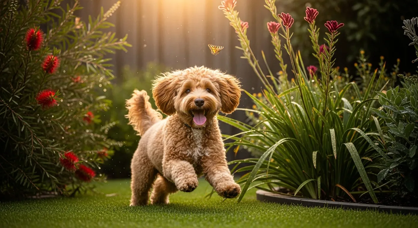 Spoodle dog playing in an Australian backyard garden, showing the active and joyful nature of this Poodle Cocker Spaniel cross breed