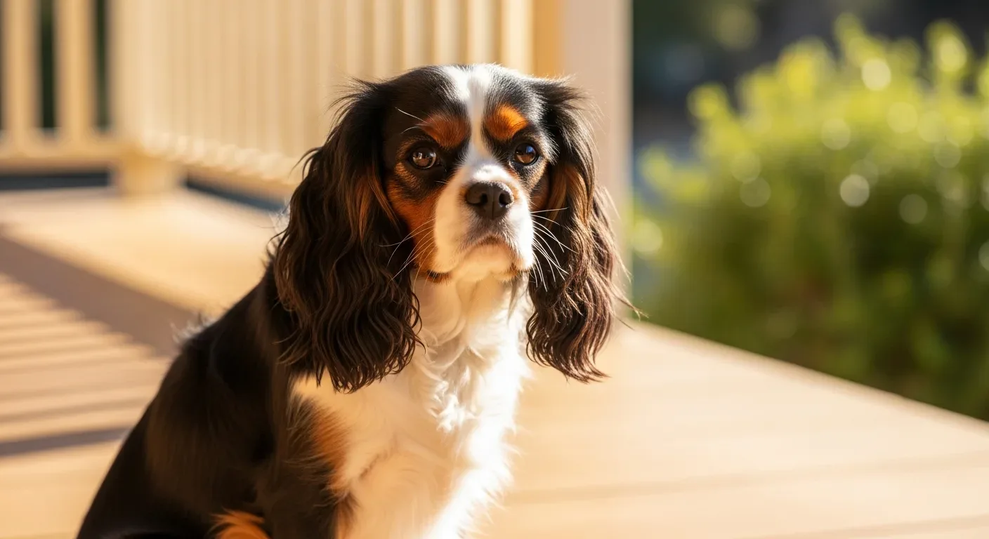 Cavalier King Charles Spaniel sitting on an Australian verandah in morning light, good candidate for daily probiotic support