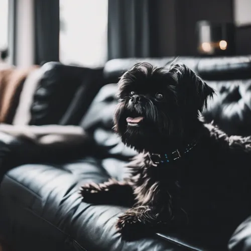 Affenpinscher sitting on a leather sofa