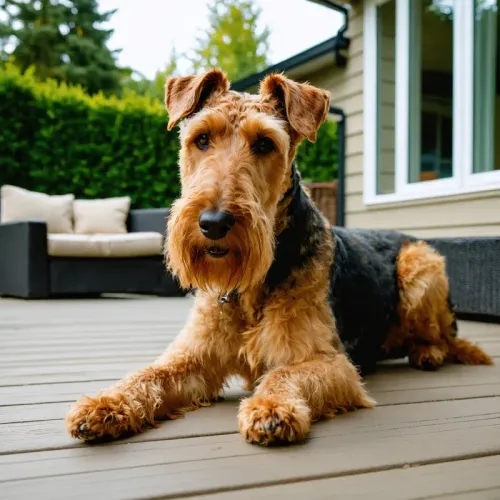 Airedale Terrier: Large terrier with neat wiry coat on suburban patio