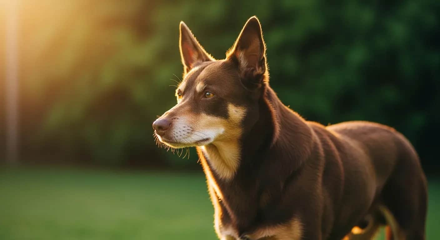 Senior Kelpie dog standing attentively in a sunlit Australian backyard, illustrating arthritis awareness in senior dogs