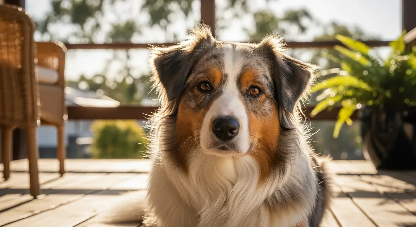 Australian Shepherd resting calmly on a verandah, illustrating daily calming support for anxious Aussies