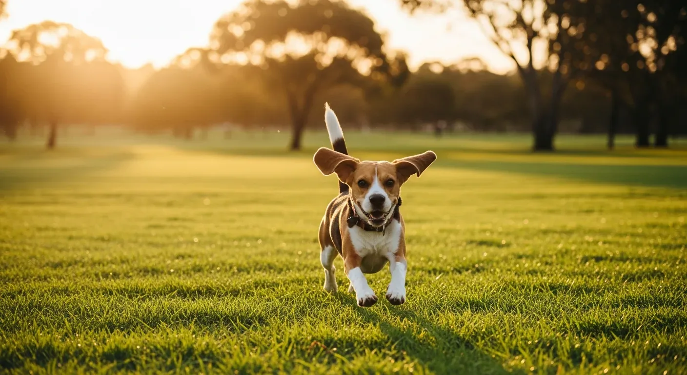 Beagle dog running in Australian park showing joint mobility and energy