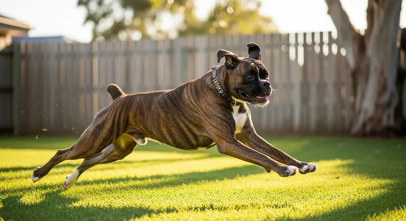 Brindle Boxer dog running energetically in a sunny Australian backyard, probiotics for Boxers
