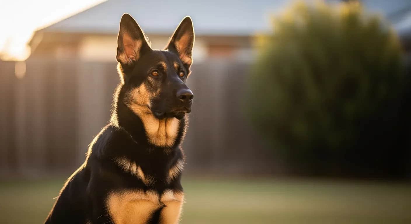 German Shepherd sitting attentively in a sunny Australian backyard, daily probiotic gut health routine
