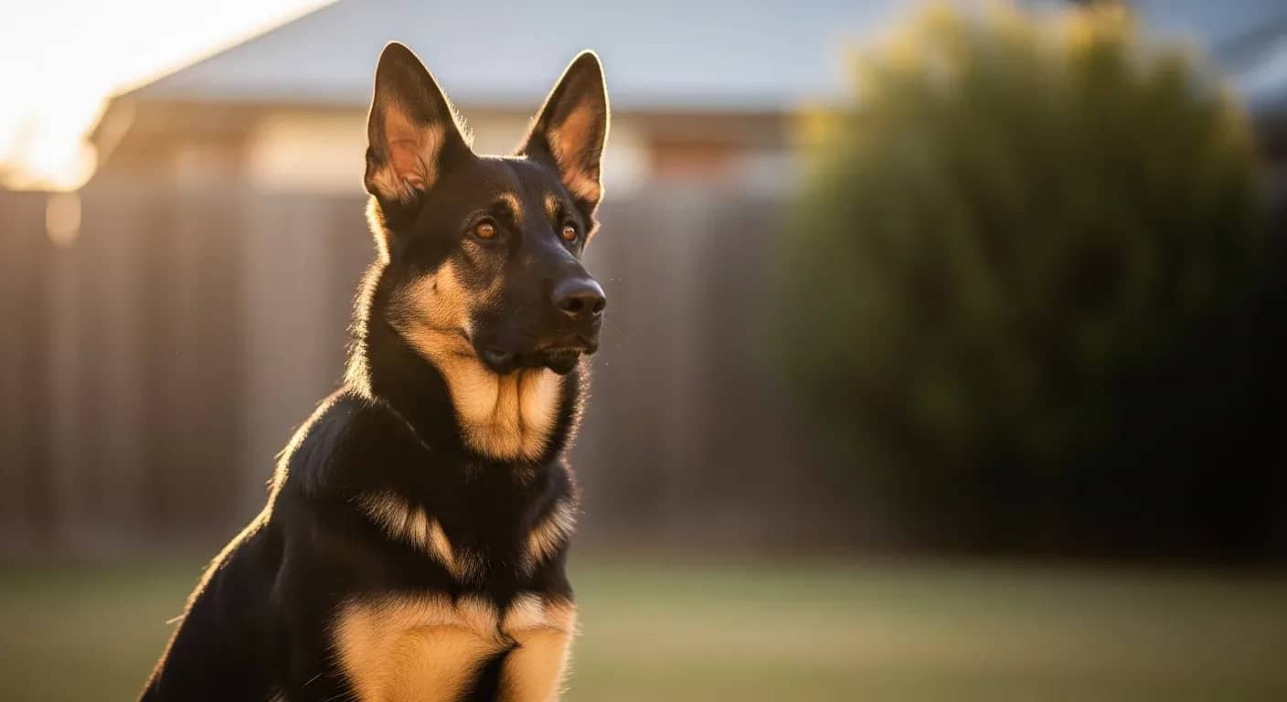 German Shepherd sitting attentively in a sunny Australian backyard, daily probiotic gut health routine