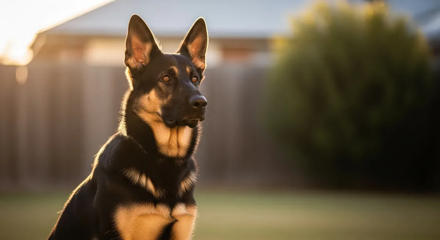 German Shepherd sitting attentively in a sunny Australian backyard, daily probiotic gut health routine