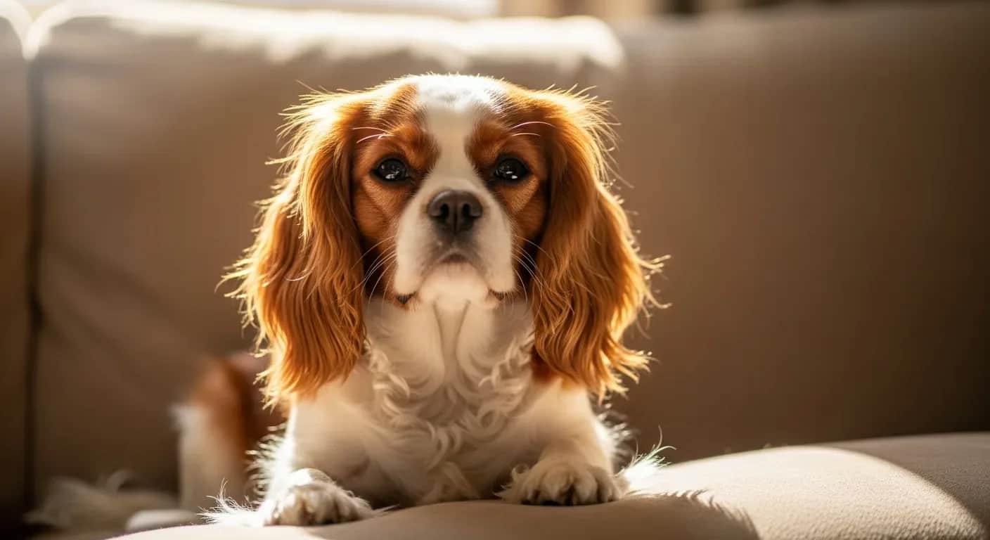 Cavalier King Charles Spaniel sitting calmly on a couch in a warm Australian home