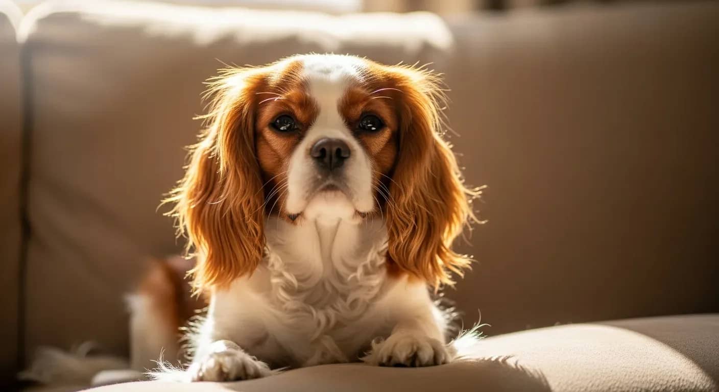 Cavalier King Charles Spaniel sitting calmly on a couch in a warm Australian home