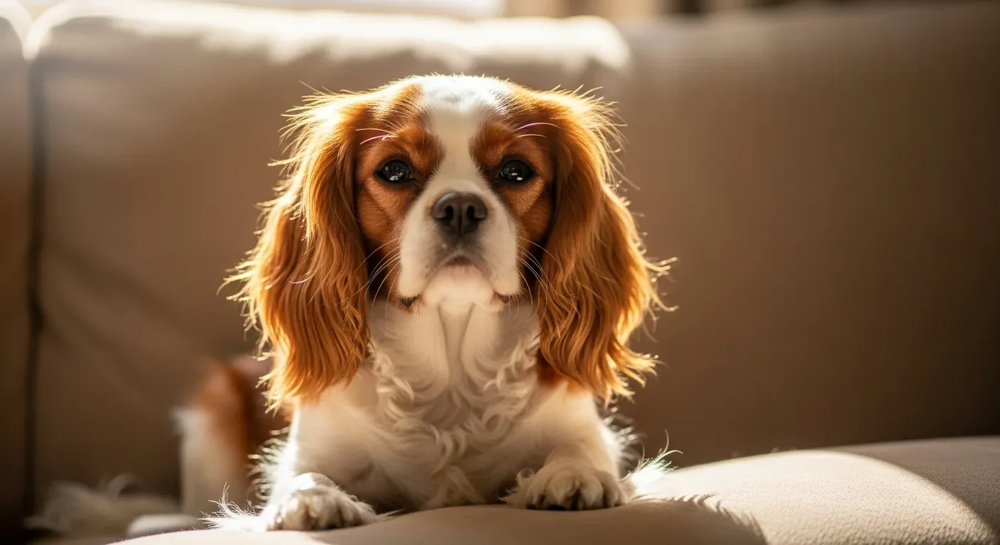 Cavalier King Charles Spaniel sitting calmly on a couch in a warm Australian home