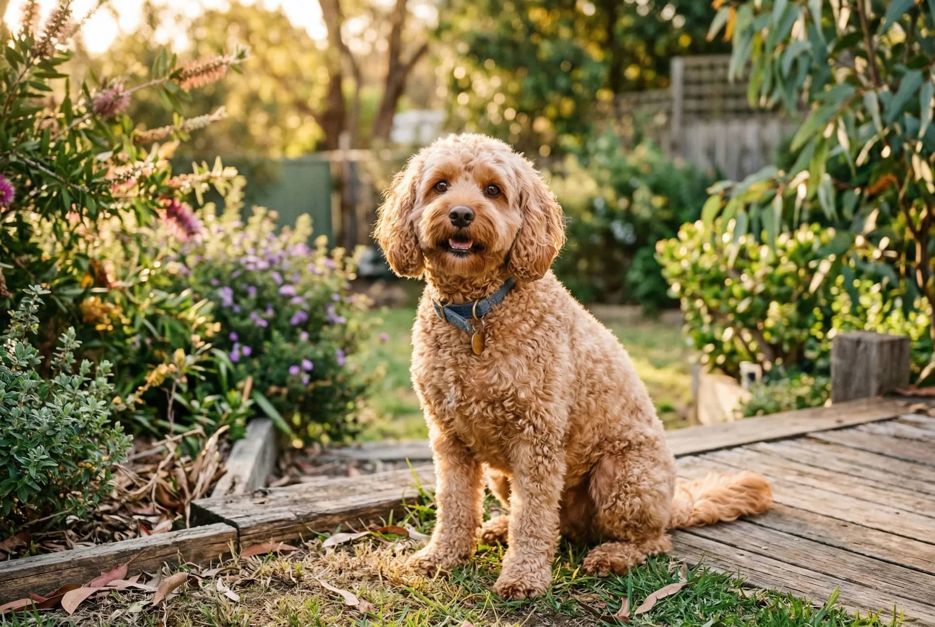 Healthy Cavoodle dog sitting in sunny Australian backyard looking happy and energetic