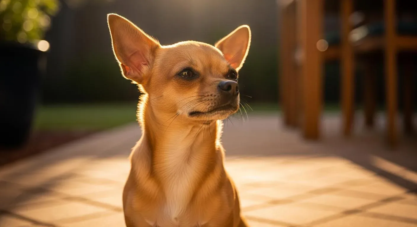 Alert Chihuahua sitting in a sunny Australian backyard showing the confident and curious personality of the breed