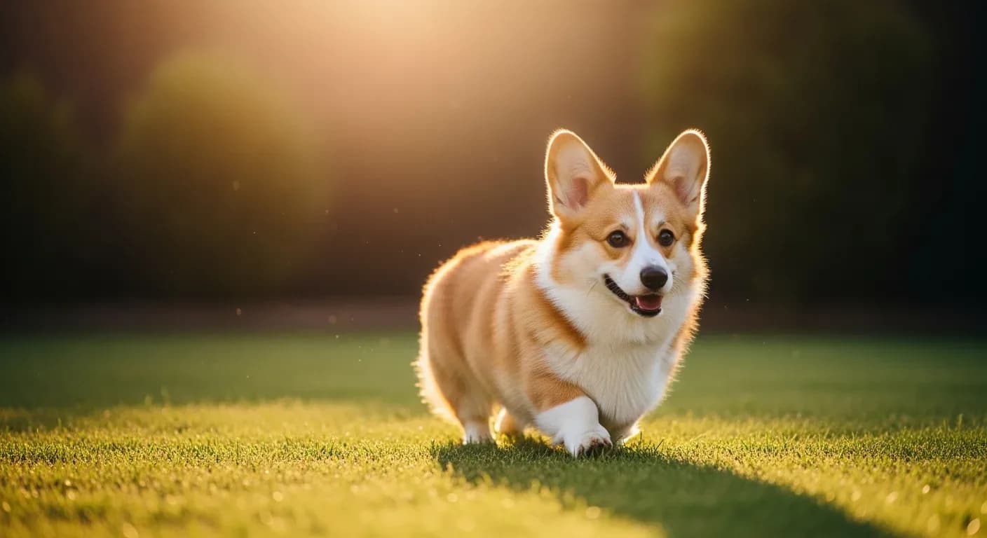 Pembroke Welsh Corgi trotting through a sunny Australian backyard, supporting daily gut health
