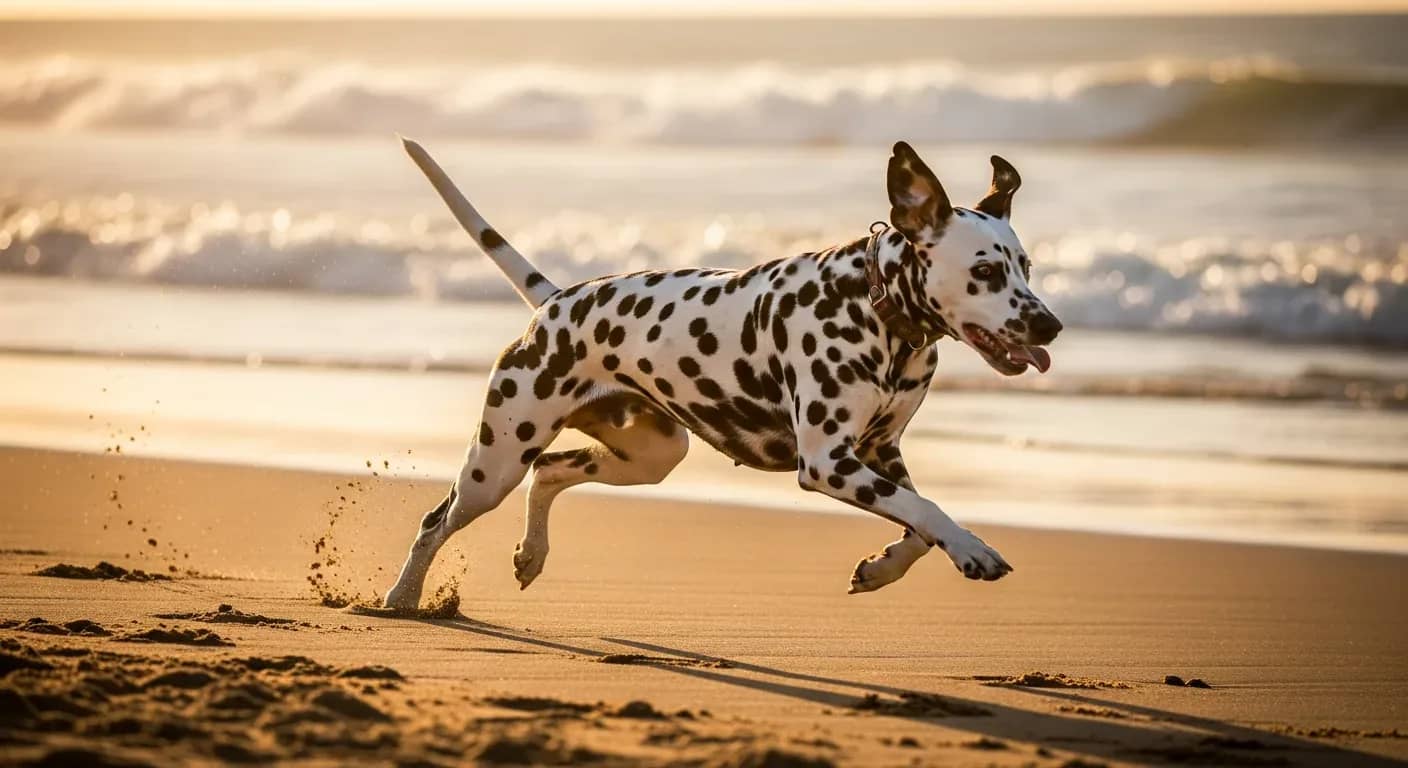 Dalmatian running along an Australian beach at golden hour, healthy and energetic