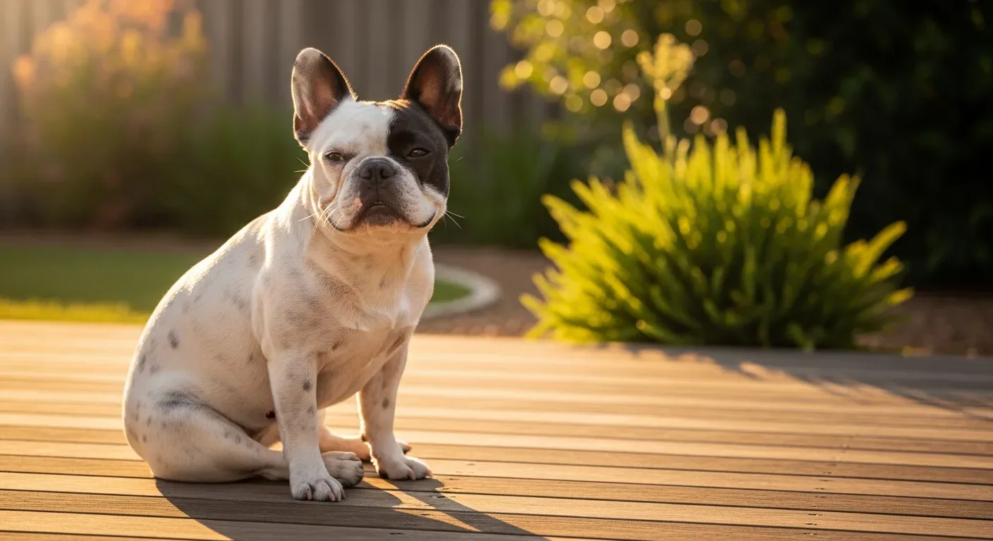 French Bulldog sitting calmly on a sunny Australian backyard deck showing relaxed temperament with calming supplement support