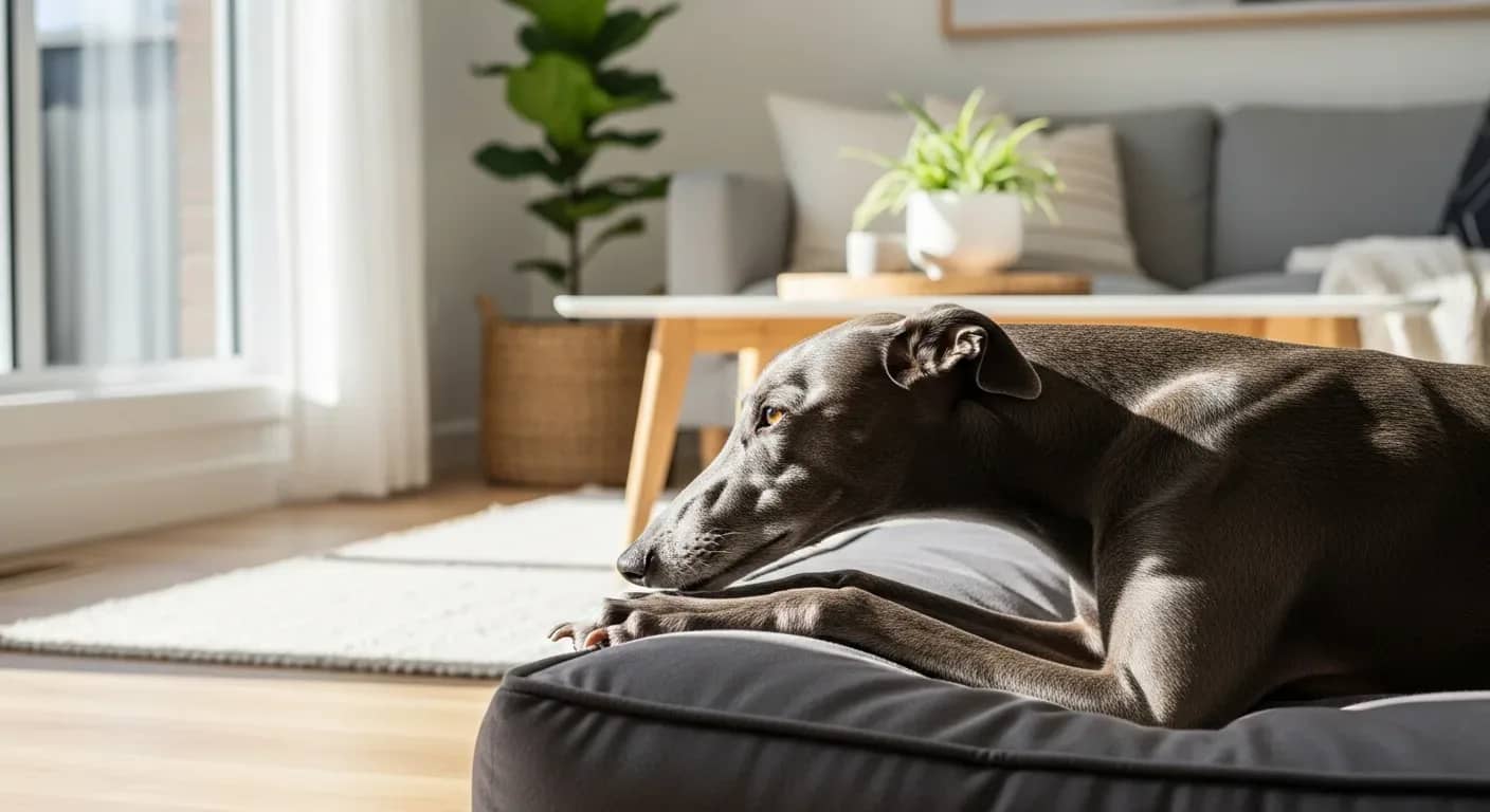 Elegant greyhound resting peacefully on a dog bed in a bright Australian living room, illustrating the calm that daily calming supplements can support