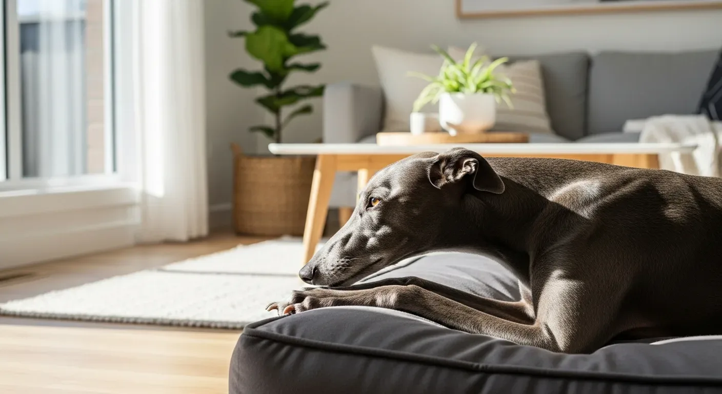 Elegant greyhound resting peacefully on a dog bed in a bright Australian living room, illustrating the calm that daily calming supplements can support