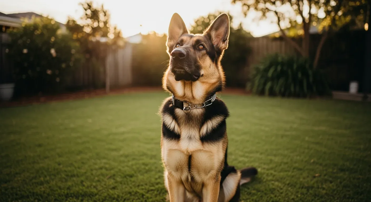 German Shepherd sitting attentively in a sunny Australian backyard, showing the calm alertness that daily calming supplements support