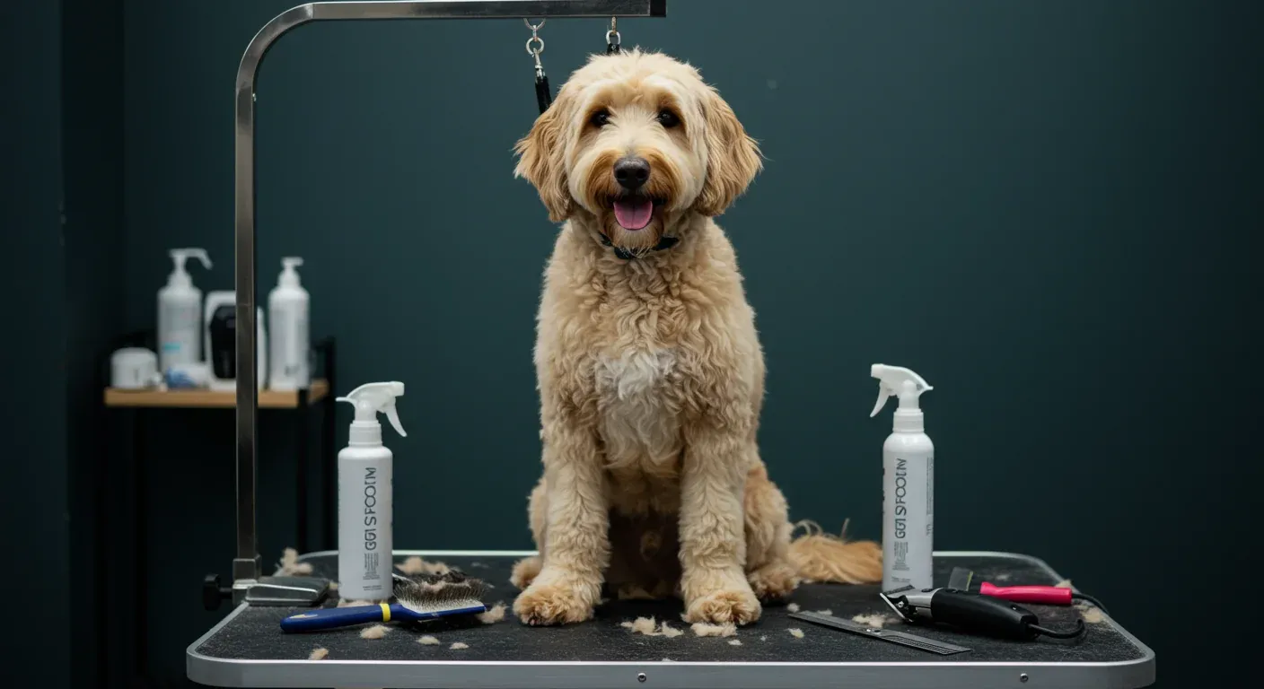 A well-groomed Goldendoodle sitting on a grooming table surrounded by professional grooming tools, representing the comprehensive grooming care discussed in the article