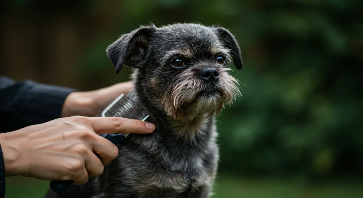 An Affenpinscher dog being brushed during a grooming session, demonstrating the home care routine described in the article with focus on the dog's distinctive wiry coat and facial features