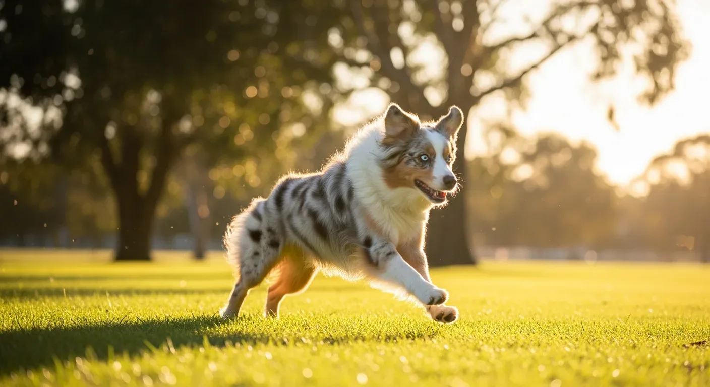 Australian Shepherd running in a sunny Australian park showing breed energy and lifespan