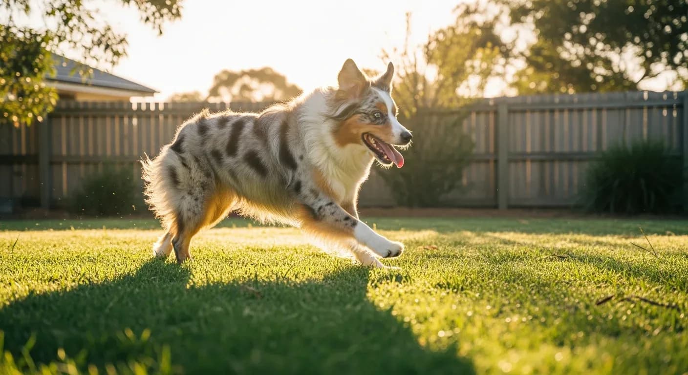 Australian Shepherd running through a sunny backyard, showing the breed energy that makes daily probiotic support important