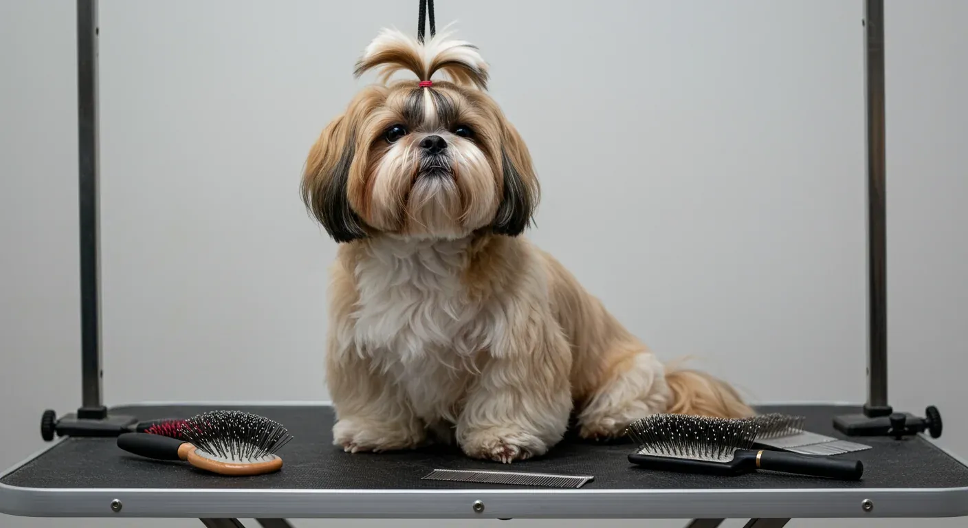 A well-groomed Shih Tzu with flowing coat sits centered on a grooming table surrounded by professional brushes, illustrating the comprehensive grooming tools needed for proper Shih Tzu coat care