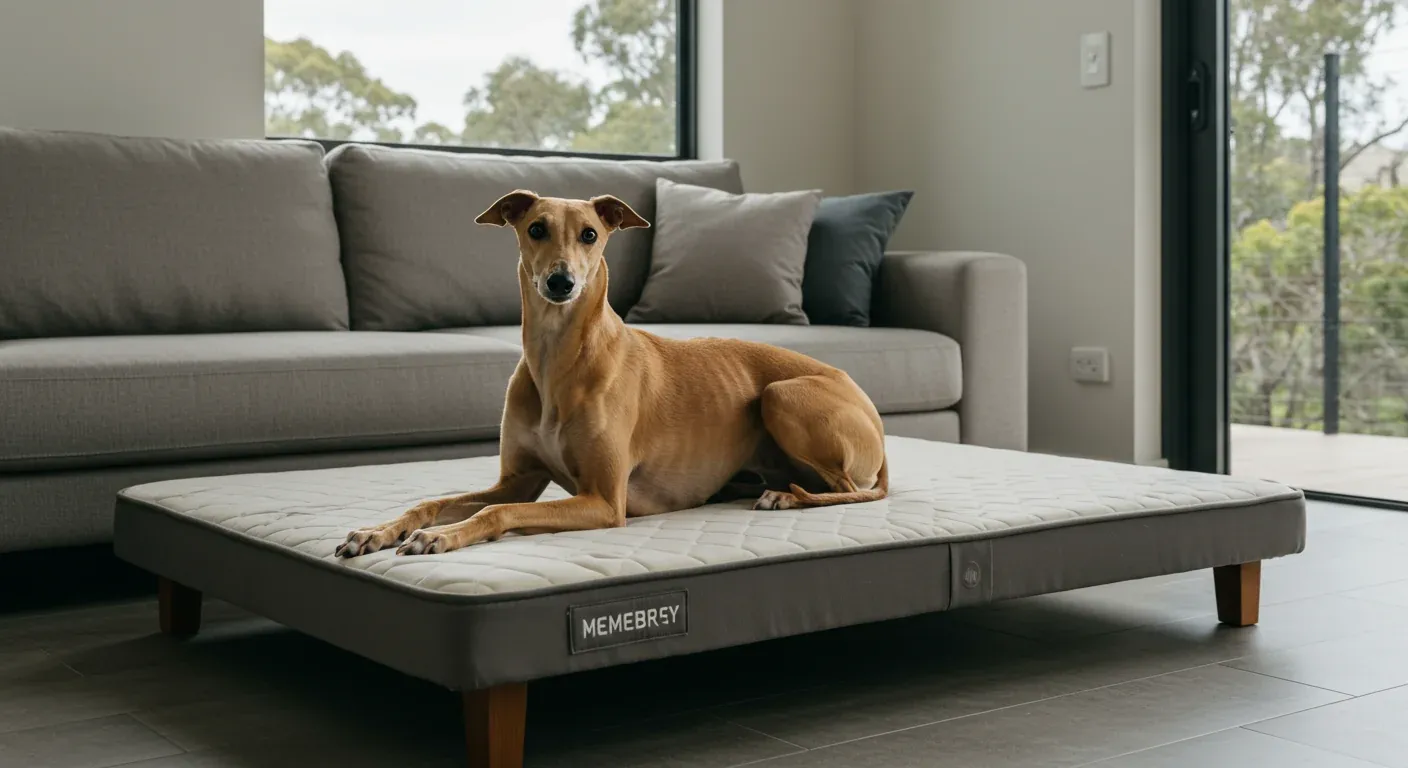 A fawn Greyhound resting peacefully on an orthopedic memory foam bed, demonstrating the importance of proper bedding for the breed's comfort and joint health
