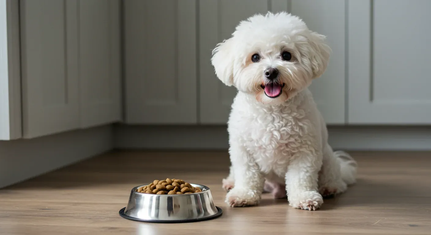 A fluffy white Bichon Frise sitting next to a food bowl in a bright kitchen, representing the importance of proper nutrition for maintaining the breed's signature healthy coat and overall wellbeing