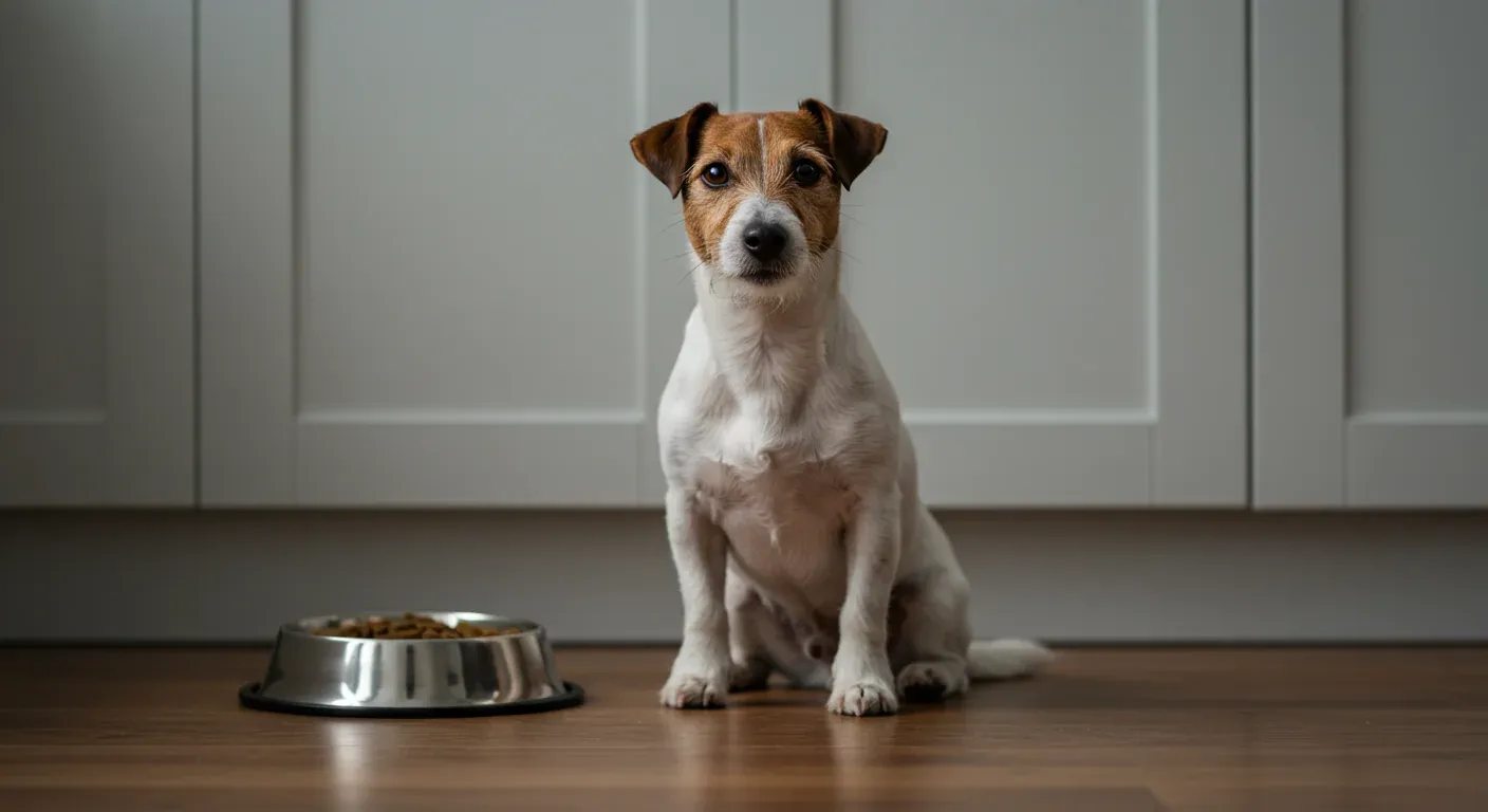 Alert Jack Russell Terrier sitting next to a food bowl in a modern kitchen, demonstrating the breed's compact size and energetic nature relevant to their specific nutritional needs