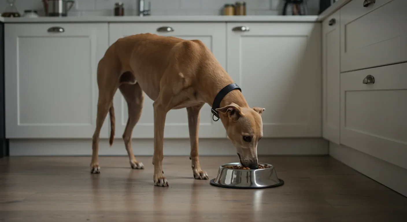 A Greyhound eating from a food bowl in a modern kitchen, demonstrating proper feeding practices for this lean, elegant breed