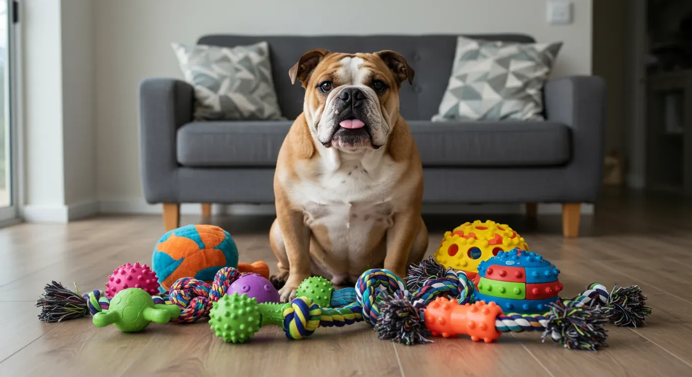 English Bulldog sitting surrounded by various durable dog toys including chew toys and interactive puzzles, demonstrating toy selection for the breed