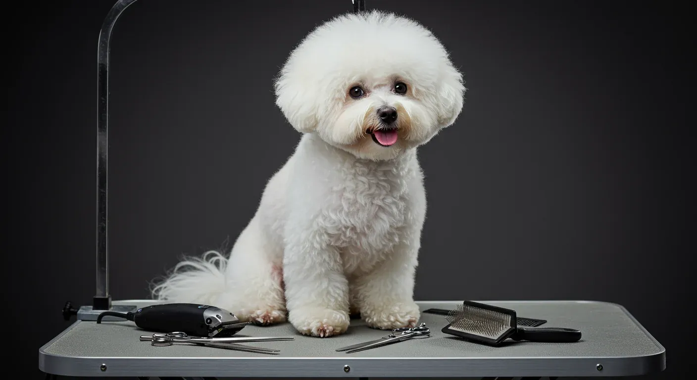 A beautifully groomed white Bichon Frise sitting centered on a grooming table surrounded by professional grooming tools, demonstrating the article's focus on proper Bichon grooming techniques and equipment