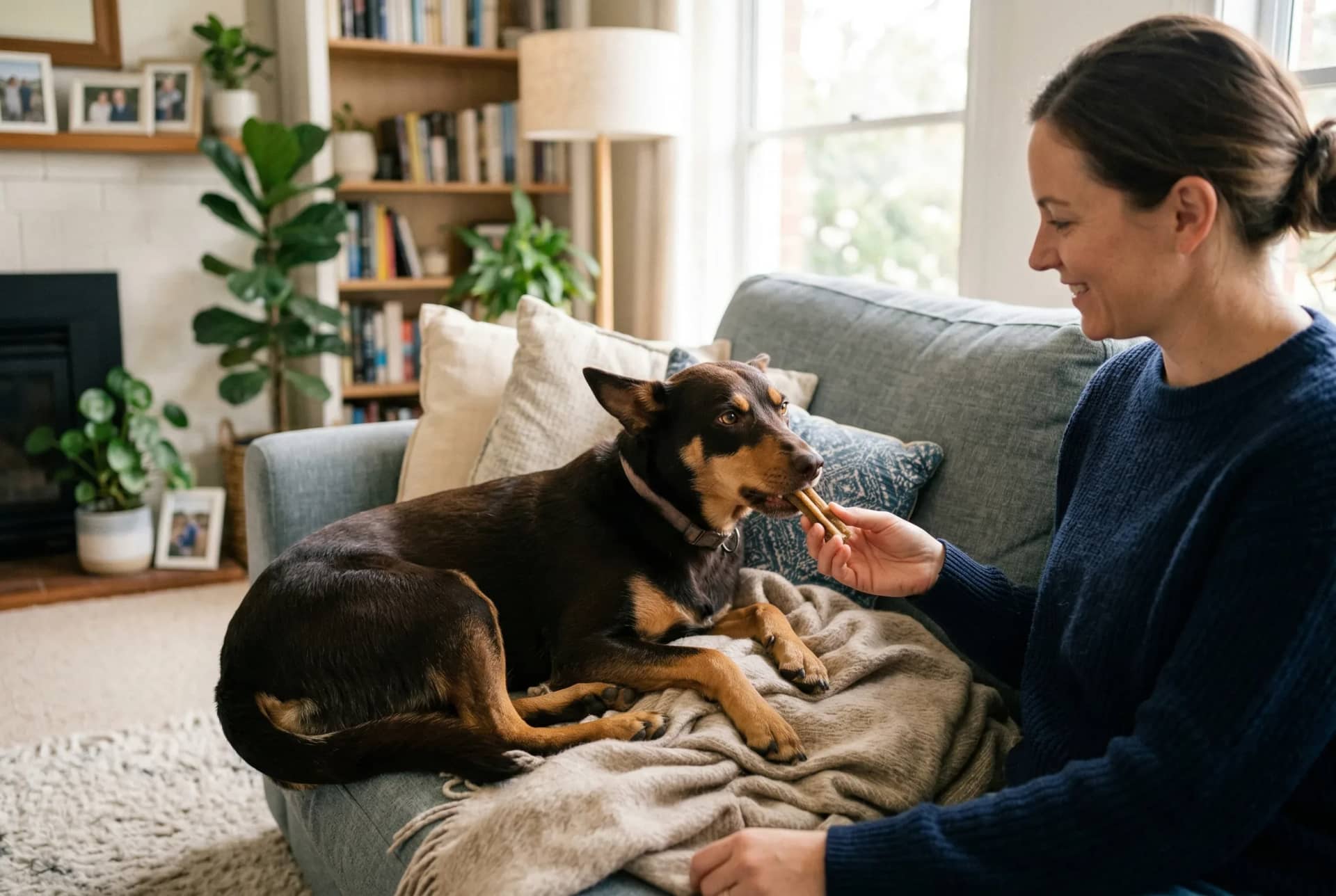 Kelpie receiving calming chew treat from owner on couch