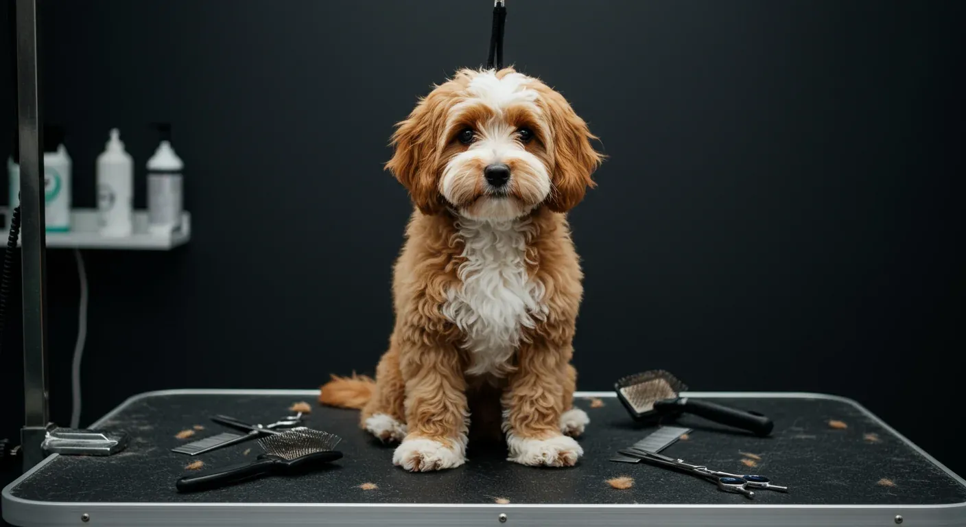 A well-groomed Cavoodle sitting on a grooming table surrounded by professional grooming tools, illustrating the importance of regular grooming for this breed's curly coat