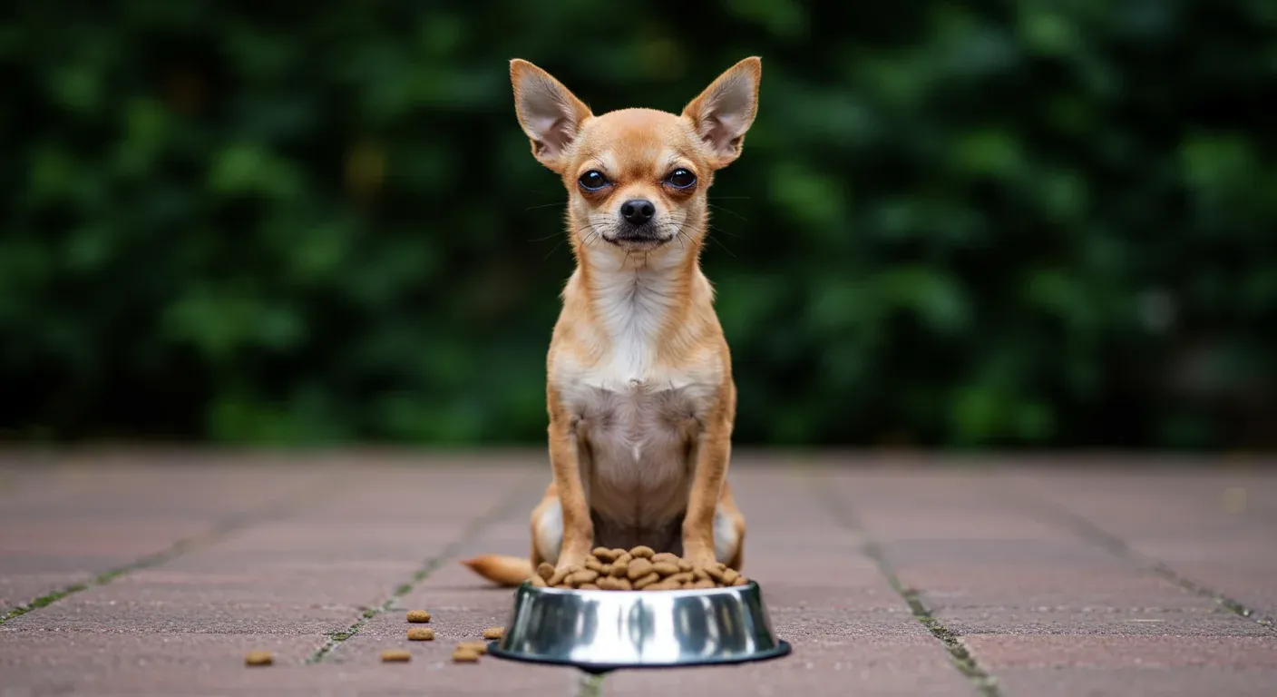 A small Chihuahua positioned in the center of the frame next to a bowl of appropriately sized kibble, demonstrating the importance of choosing the right food size for tiny breed dogs