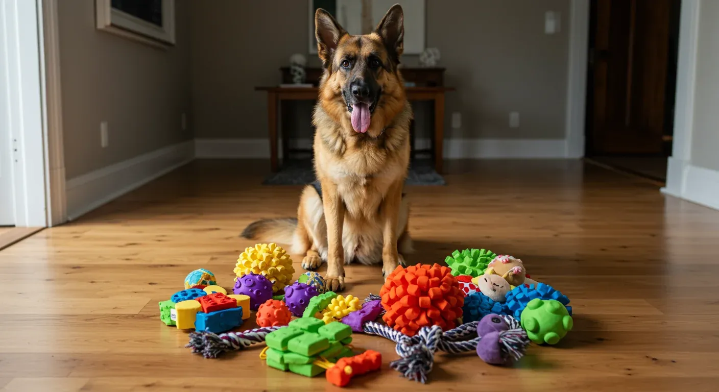 German Shepherd sitting surrounded by various puzzle toys and interactive dog toys, demonstrating the mental stimulation tools discussed in the article