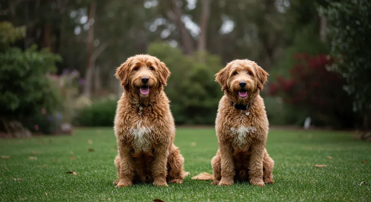 A Cobberdog and Labradoodle sitting side by side in an Australian garden setting, demonstrating the visual similarities and differences between these two popular crossbreeds