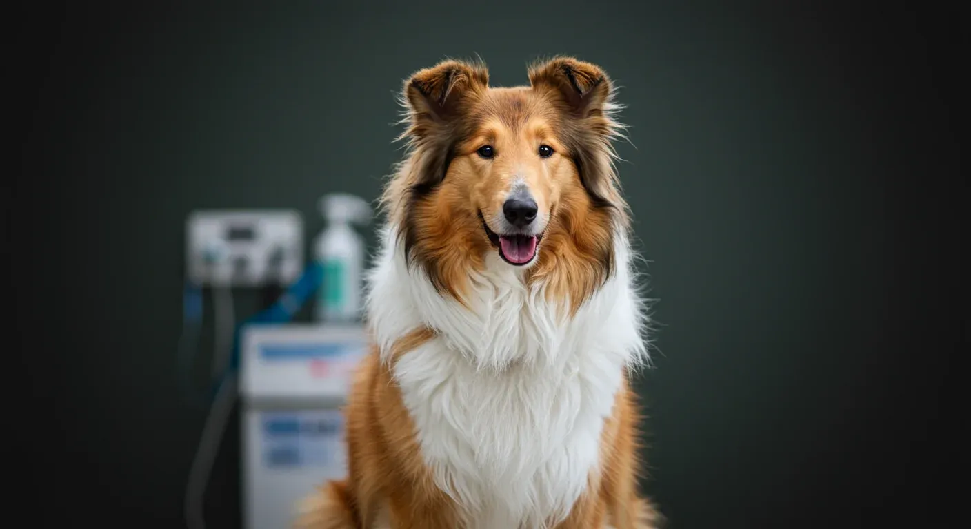 Healthy Rough Collie sitting in a veterinary clinic, representing proactive health management and the importance of regular veterinary care for the breed