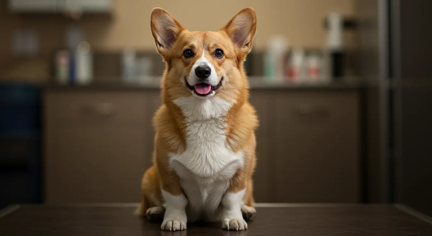 A healthy Cardigan Welsh Corgi sitting in a veterinary setting, representing the article's focus on breed-specific health issues and preventive care