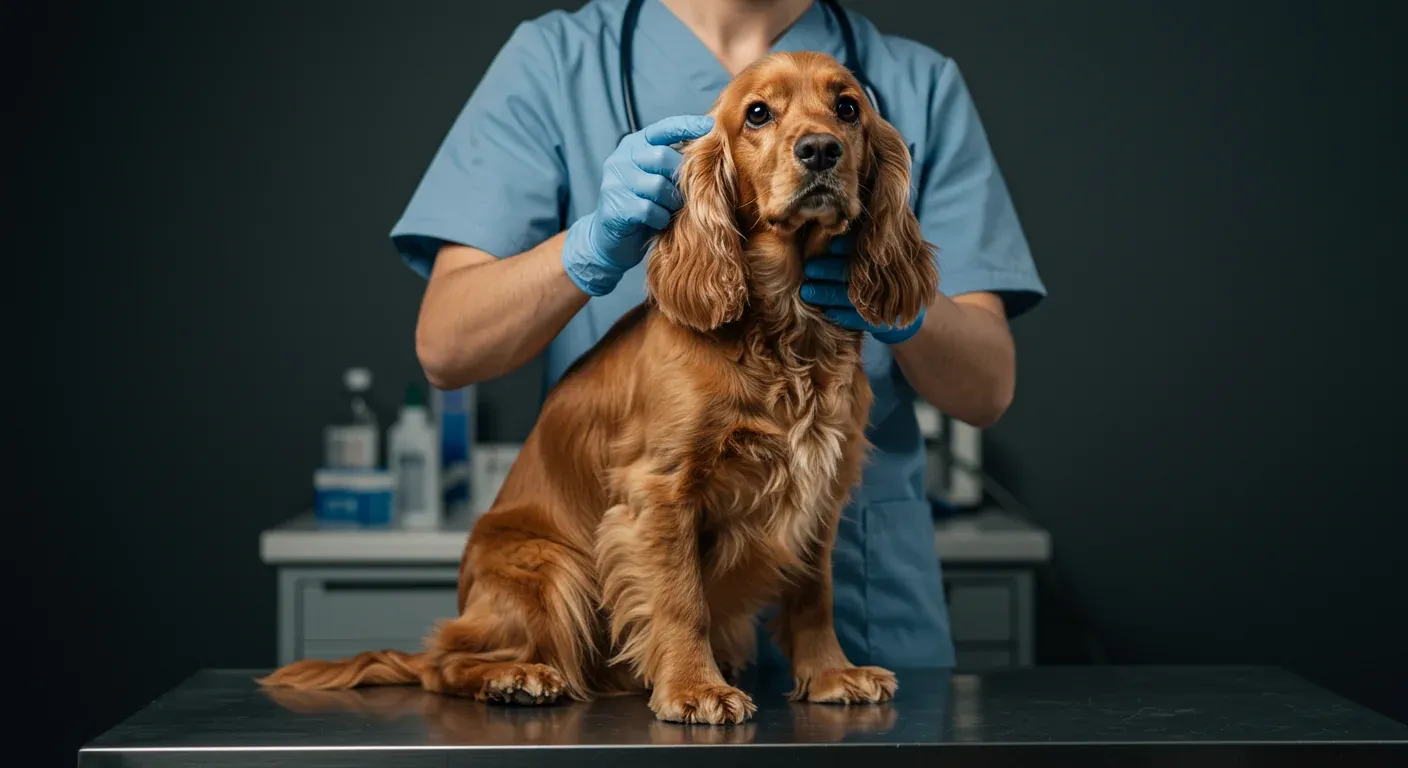 A golden English Cocker Spaniel being gently examined by a veterinarian, representing the importance of preventive health care for the breed