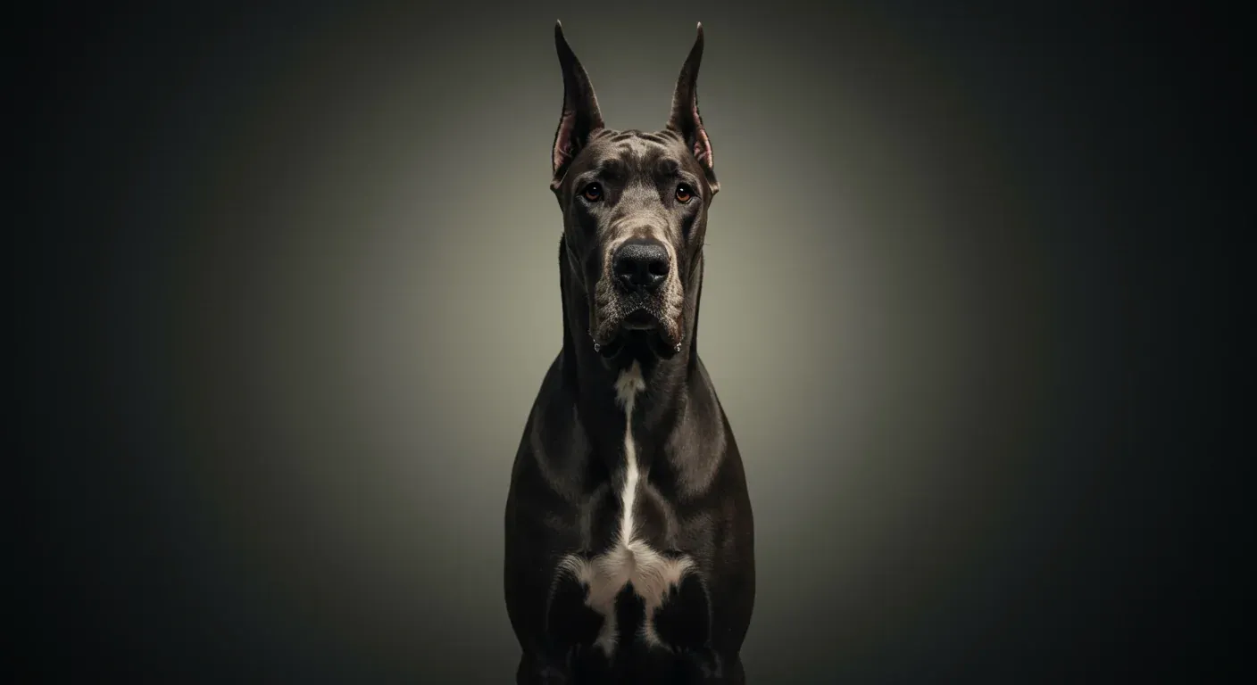 A beautiful Great Dane standing prominently in the center of the frame at a veterinary clinic, representing the breed's majestic appearance while highlighting the importance of health monitoring for these gentle giants