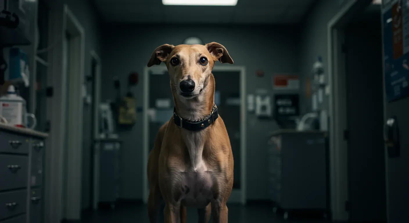A healthy Greyhound standing in a veterinary clinic, demonstrating the breed's characteristic lean build and elegant stature that relates to their specific health considerations discussed in the article