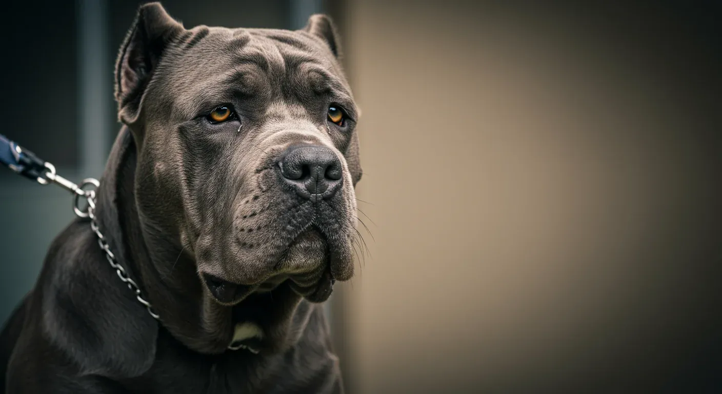 Close-up portrait of a Neapolitan Mastiff showing the breed's characteristic wrinkled face and gentle eyes, representing the focus on health care for this gentle giant breed