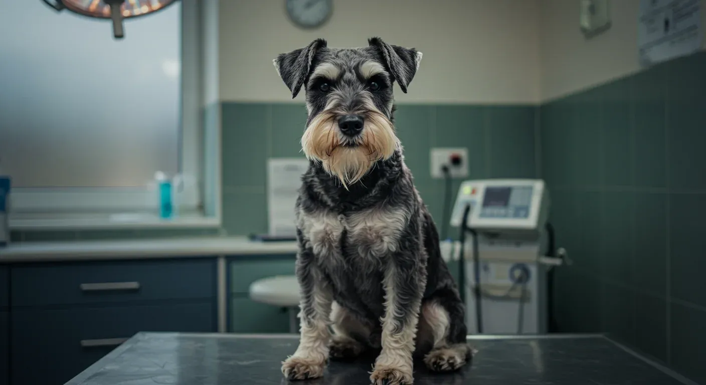 A healthy Standard Schnauzer sitting confidently in a veterinary clinic, representing the breed's robust health profile and the importance of regular veterinary care for prevention and early detection of health issues.
