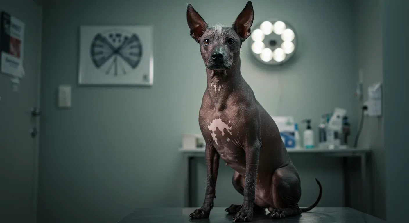 A healthy hairless Xoloitzcuintli dog sitting in a veterinary clinic, demonstrating the breed's unique appearance and the importance of professional health care for these distinctive dogs