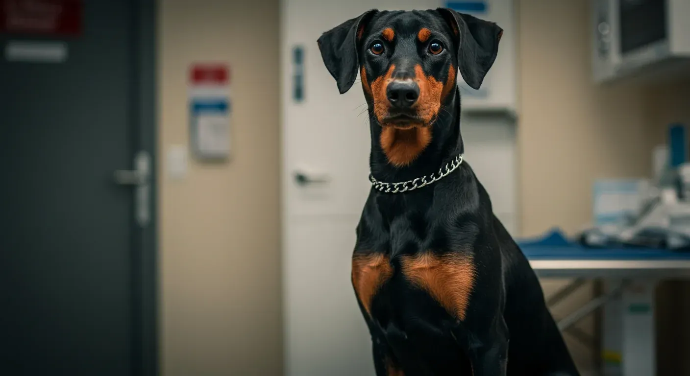Alert German Pinscher sitting in veterinary clinic, representing health monitoring and preventive care for the breed